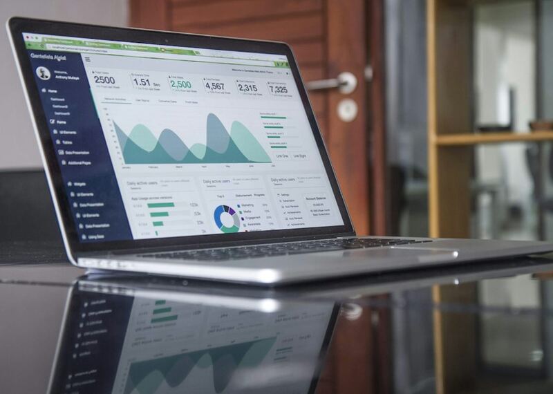 Laptop workspace with analytics on screen